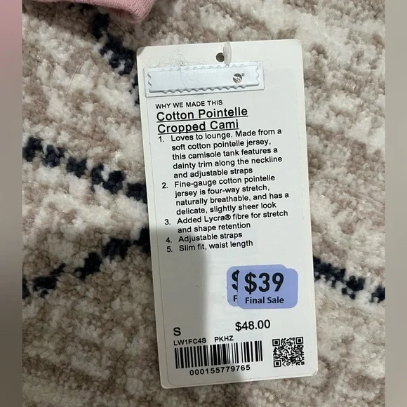 Lululemon Athletica Pink Cotton Pointelle Cropped Camisole Top - Picture 2 of 3